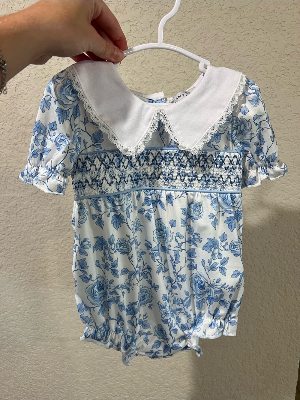 Abby and Evie Blue Floral Smocked Baby Romper
